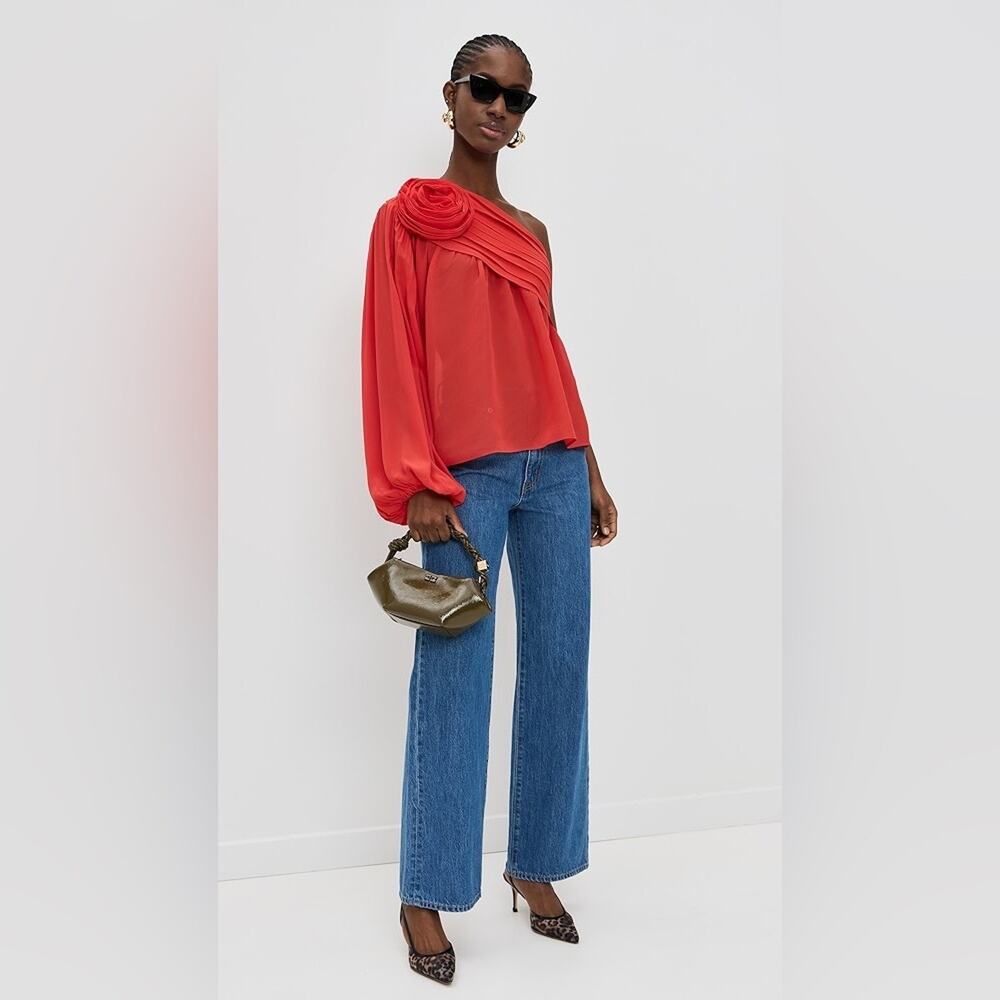 Like new FARM Rio Red Rose Puff Sleeve One-Shoulder Blouse XL - Picture 2 of 10